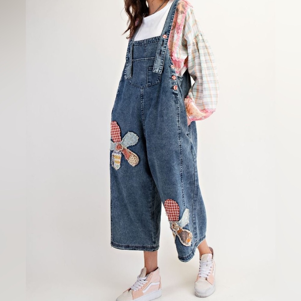 Easel Flower Patch Denim Patchwork Overalls NWT - image 2